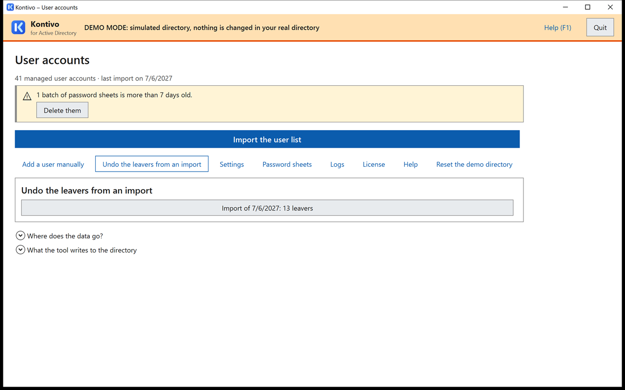 Home screen with the Undo the leavers from an import panel: Import of 7/6/2027: 13 leavers (the update with rh-fictif-2.csv), Undo these leavers button.