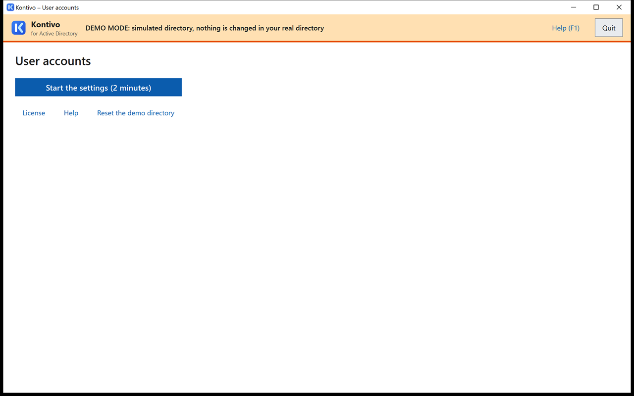 Kontivo window at first start in demo mode: orange DEMO MODE banner with Help (F1) and Quit, Start the settings (2 minutes) button, Help and Reset the demo directory links.