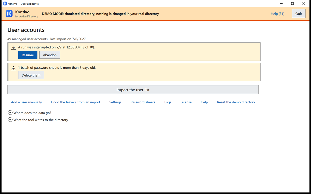 Home screen with the A run was interrupted banner, followed by its date and progress (the update with rh-fictif-2.csv, closed partway through), Resume and Abandon buttons.