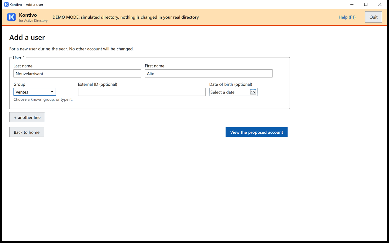 Add a user screen: line filled in with the last name Nouvelarrivant, the first name Alix and the group Ventes, optional External ID and Date of birth fields, + another line and View the proposed account buttons.