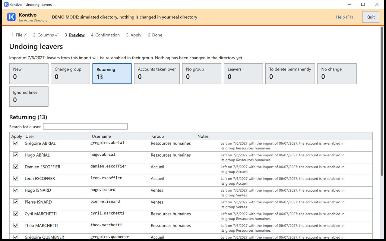 Undoing leavers preview for the update with rh-fictif-2.csv: Returning card, list of the people who left with the remark the account is re-enabled in its group.