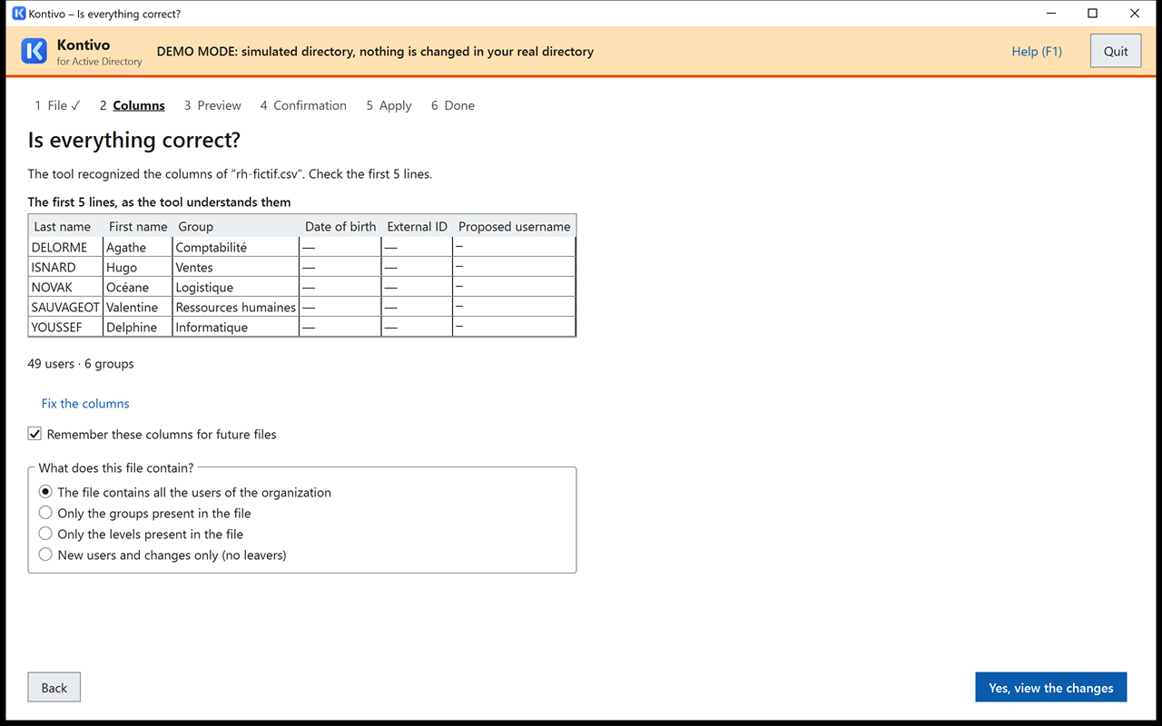 Columns step for the rh-fictif.csv file: Matricule, Nom, Prénom and Service columns recognized, first five lines as the tool understands them, choice of what the file contains, button to view the changes.