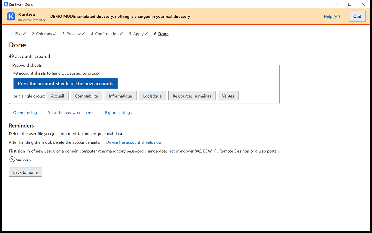 Done screen after the import of rh-fictif.csv: summary of the accounts created, Password sheets block with the Print the account sheets of the new accounts button and one button per department, links and reminders.