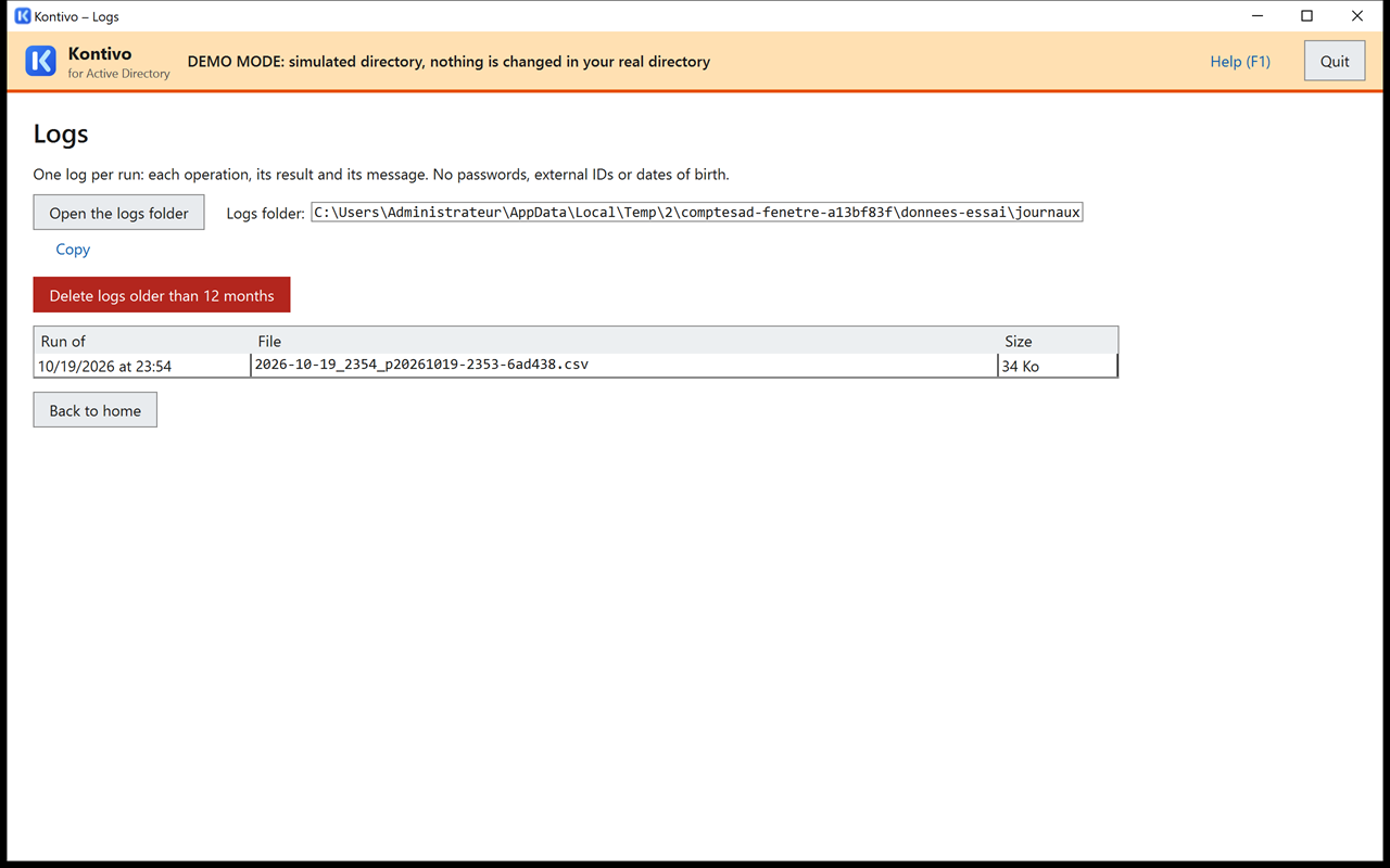 Logs screen: logs folder, Open the logs folder button followed by the folder path, Delete logs older than 12 months button, list with the date, the file and the size.