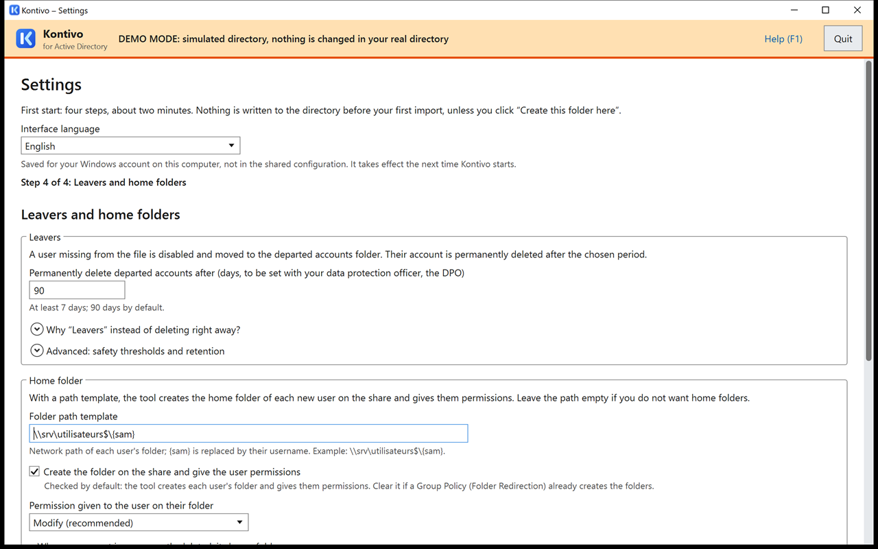 Settings step 4, Home folder part: path template \\srv\people$\{sam}, Create the folder on the share check box checked, Modify permission, archiving on deletion, drive letter H:.