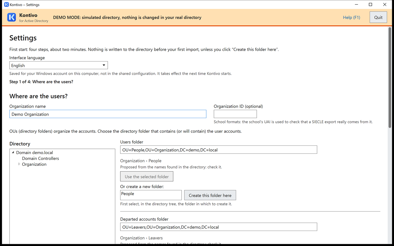 Settings step 1: organization name, optional ID, directory tree on the left, choice of the users folder on the right with the Use the selected folder and Create this folder here buttons.