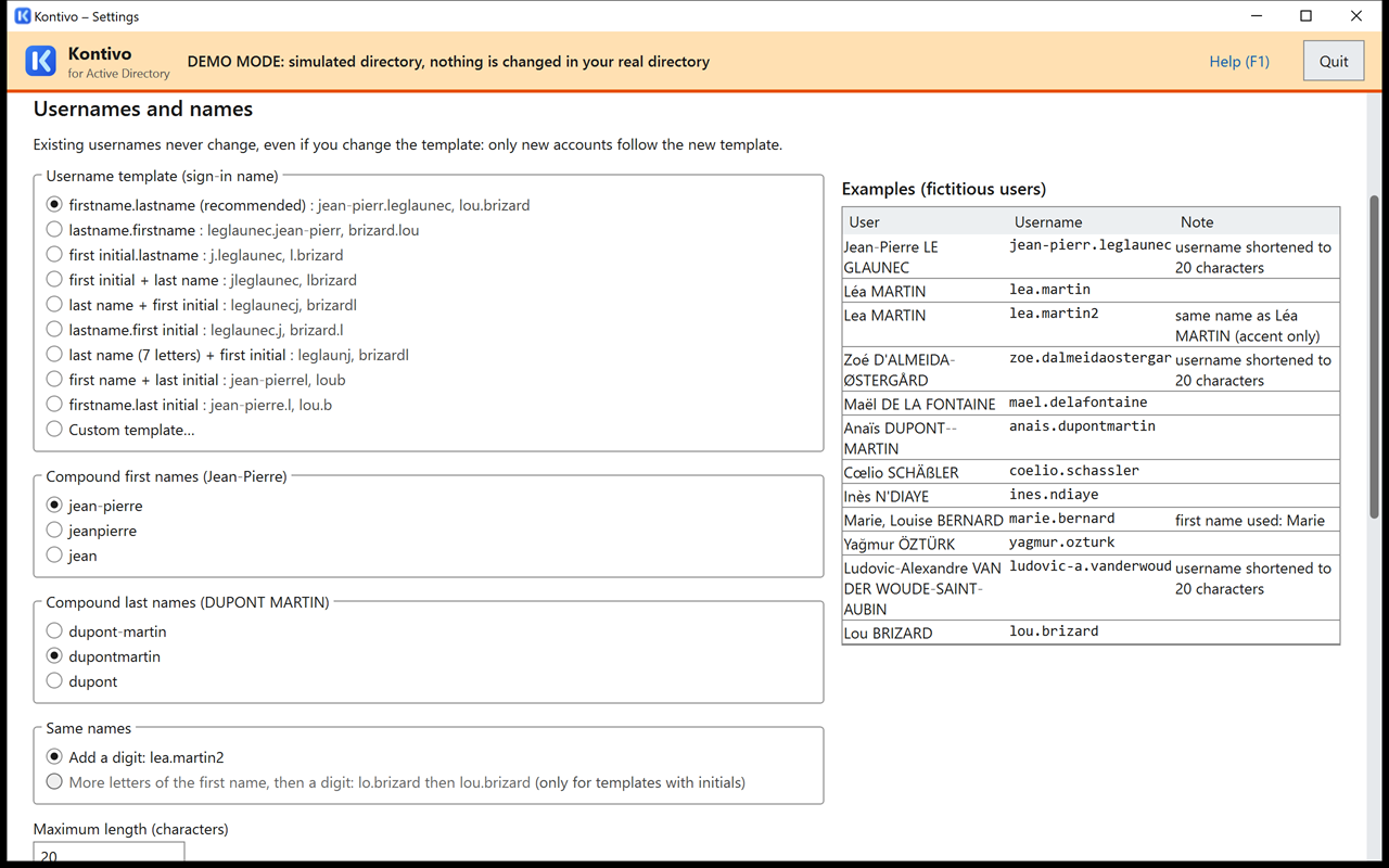 Kontivo settings: account username template.