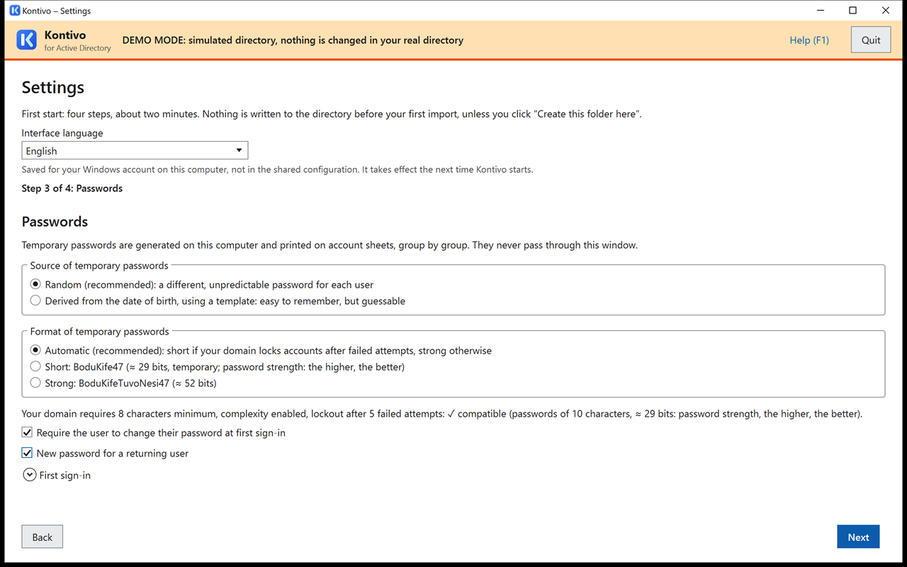 Settings step 3: format of temporary passwords (automatic, short, strong), domain policy read, and two checked boxes.