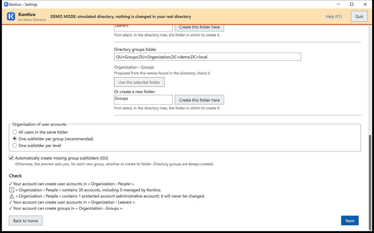 Bottom of step 1: account placement (One subfolder per group (recommended)), automatic creation check box, and check with green check marks and the full path of each folder.