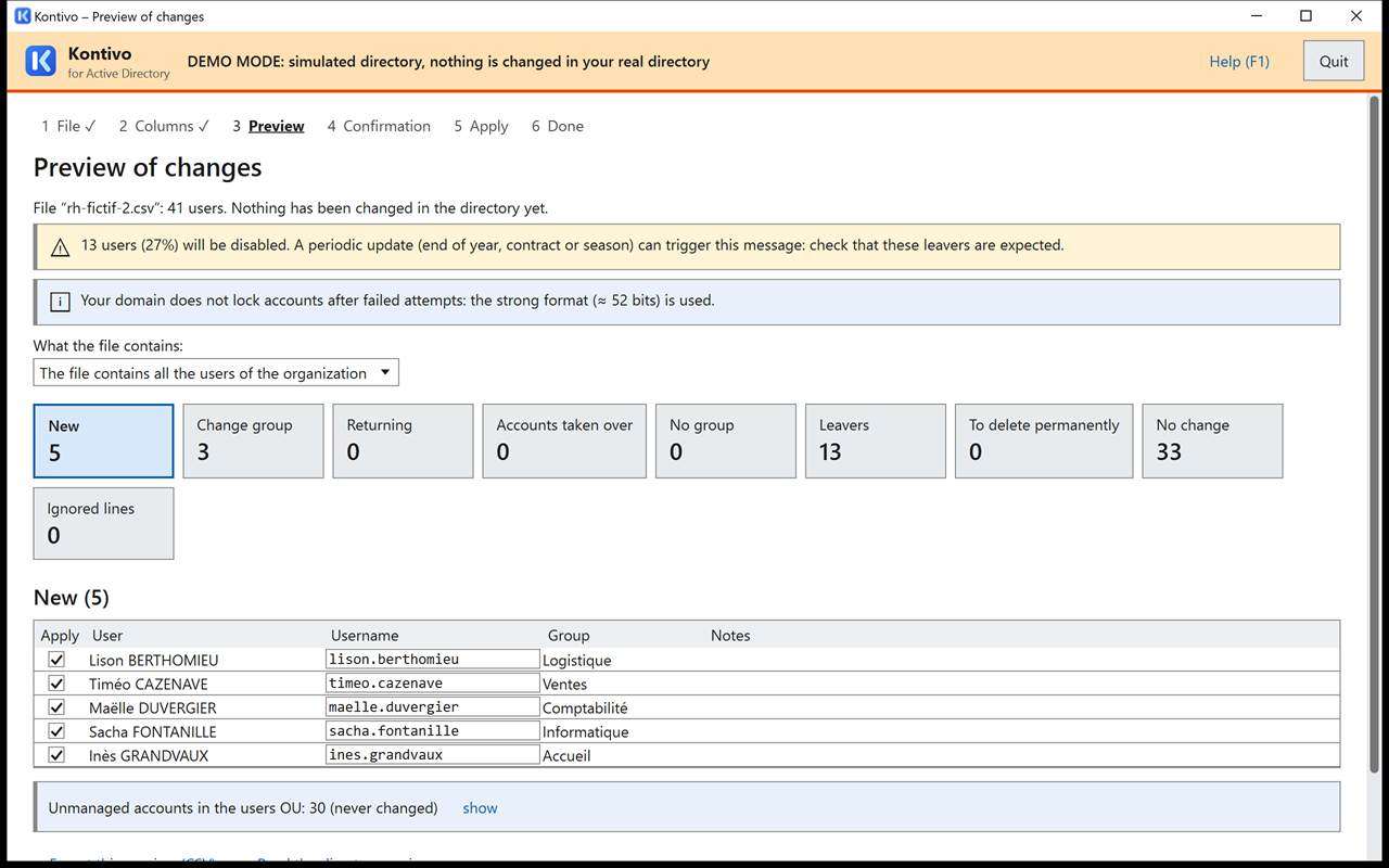 Preview of the update with rh-fictif-2.csv: alert about leavers at the top; New 5, Change group 3 and Leavers 12 cards; list of lines.