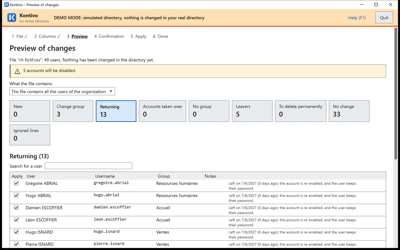 Preview, not applied, of the first file rh-fictif.csv imported again on the same day after the update with rh-fictif-2.csv: Returning 13 card, the 13 people who left come back, recognized by their employee number, each in their department, remark Left on 7/6/2027: the account is re-enabled, and the user keeps their password.