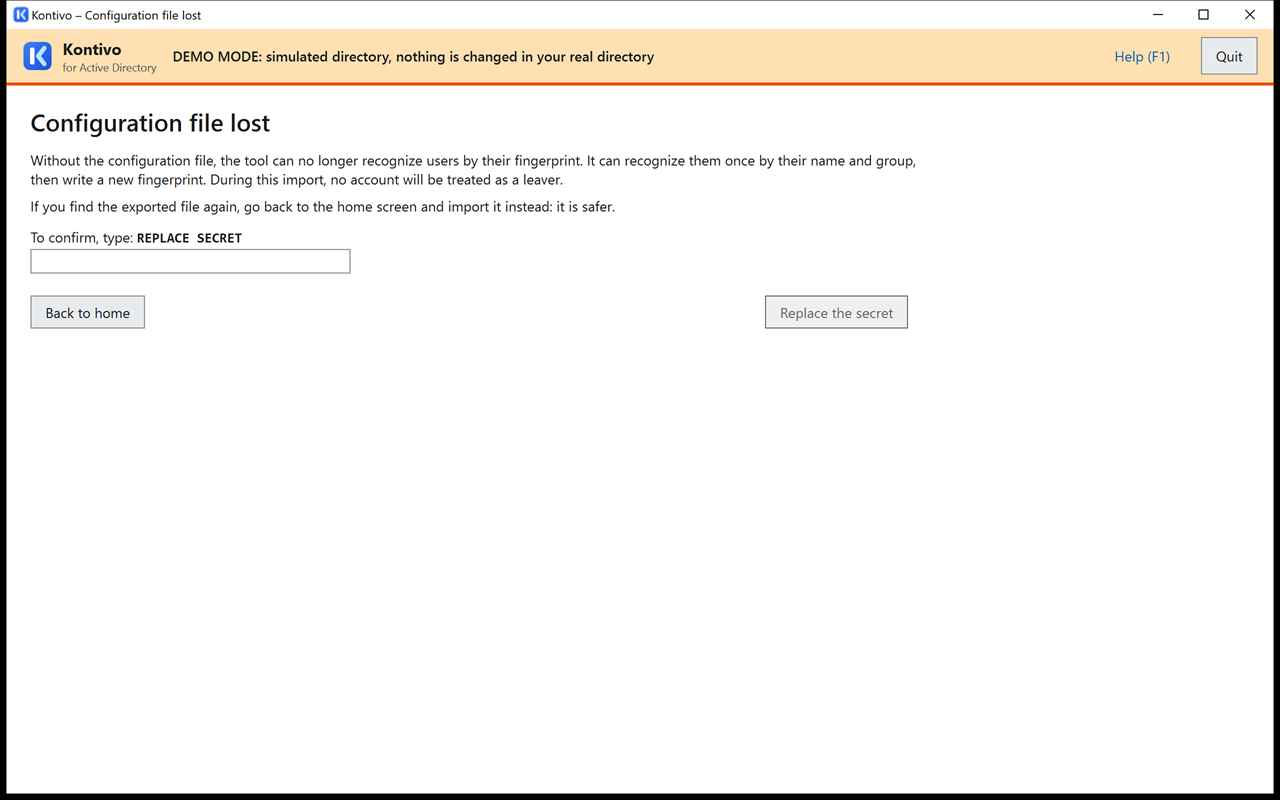Configuration file lost screen: explanation, To confirm, type: REPLACE SECRET field, Replace the secret button.