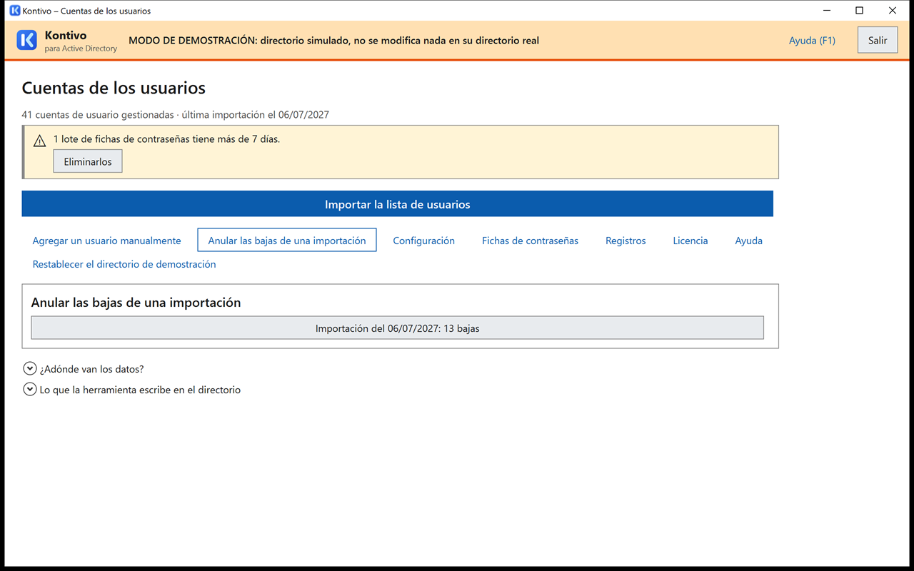 Pantalla de inicio con el panel Anular las bajas de una importación: importación del 06/07/2027, 13 bajas (la actualización con rh-fictif-2.csv), botón Anular estas bajas.