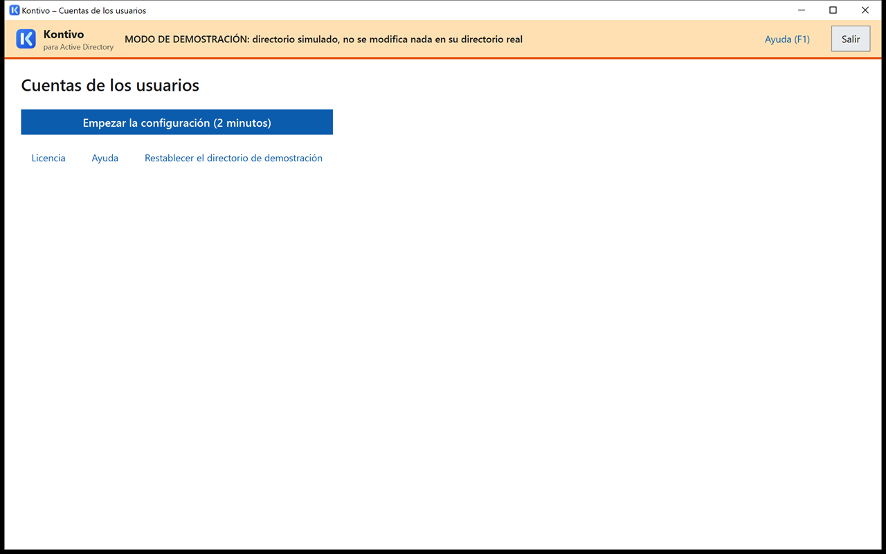 Ventana de Kontivo en el primer inicio en modo de demostración: banda naranja MODO DE DEMOSTRACIÓN con Ayuda (F1) y Salir, botón Empezar la configuración (2 minutos), enlaces Ayuda y Restablecer el directorio de demostración.