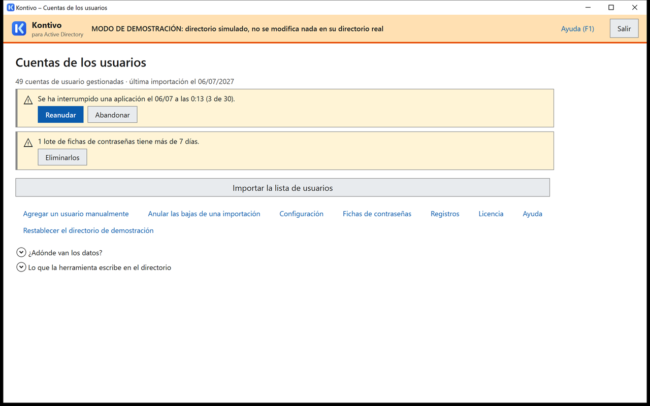 Pantalla de inicio con la banda Se ha interrumpido una aplicación, seguida de su fecha y de su progreso (la actualización con rh-fictif-2.csv, cerrada a medio camino), botones Reanudar y Abandonar.
