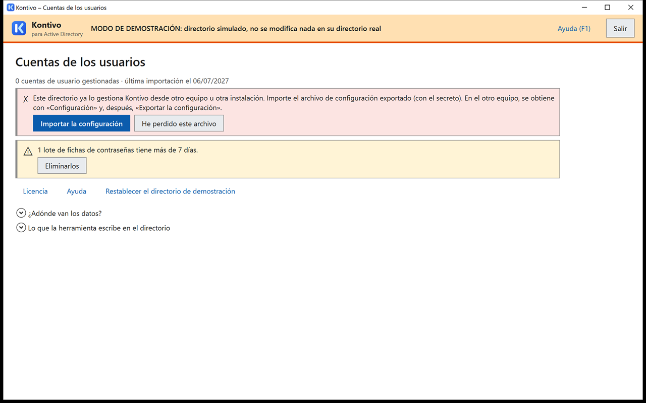 Pantalla de inicio en un equipo nuevo: banda roja Este directorio ya lo gestiona Kontivo, botones Importar la configuración y He perdido este archivo.