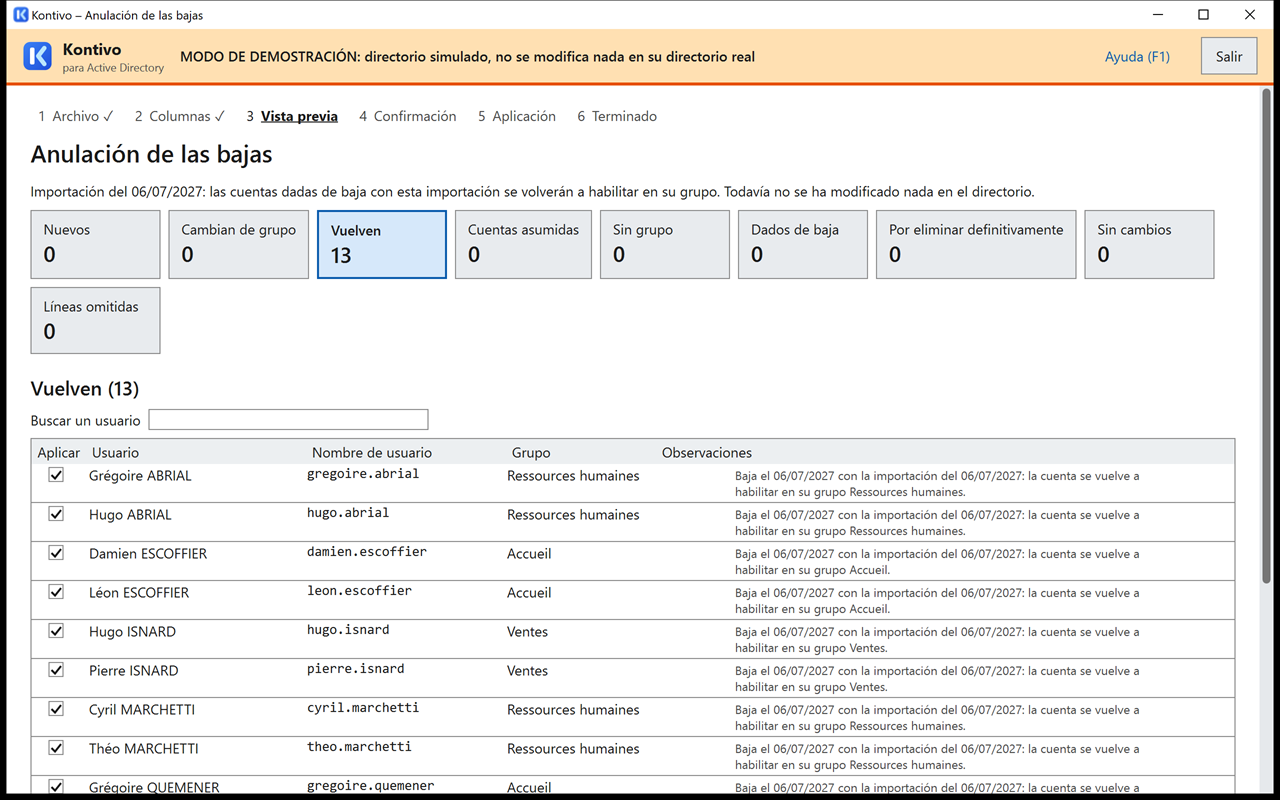 Vista previa Anulación de las bajas de la actualización con rh-fictif-2.csv: tarjeta Vuelven, lista de las personas dadas de baja con la observación de que la cuenta se vuelve a habilitar en su grupo.
