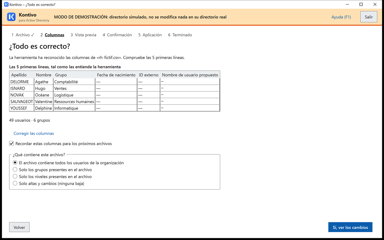 Paso Columnas para el archivo rh-fictif.csv: columnas Matricule, Nom, Prénom y Service reconocidas, cinco primeras líneas tal como las entiende la herramienta, elección de lo que contiene el archivo, botón para ver los cambios.