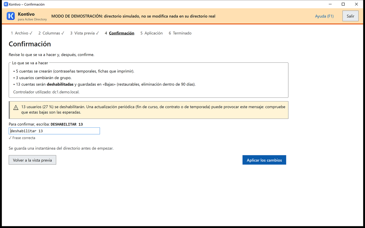 Pantalla de confirmación de Kontivo: frase que se debe escribir antes de aplicar los cambios.
