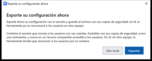 Cuadro Exporte su configuración ahora, con los botones Más tarde y Exportar.