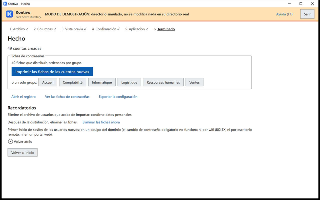 Pantalla Hecho después de la importación de rh-fictif.csv: resumen de las cuentas creadas, bloque Fichas de contraseñas con el botón Imprimir las fichas de las cuentas nuevas y un botón por servicio, enlaces y recordatorios.
