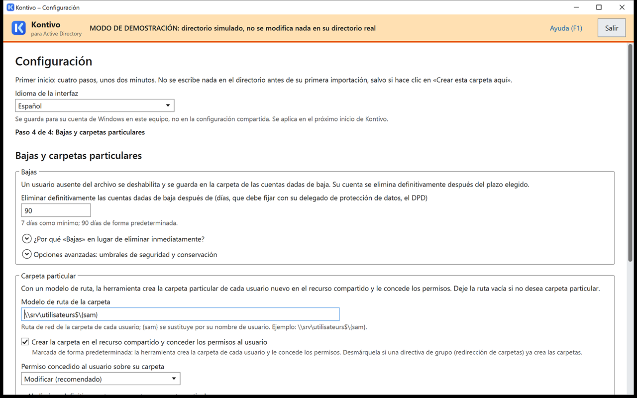 Paso 4 de la configuración, parte Carpeta particular: modelo de ruta \\srv\personas$\{sam}, casilla Crear la carpeta en el recurso compartido marcada, permiso Modificar, archivado al eliminar, letra H:.