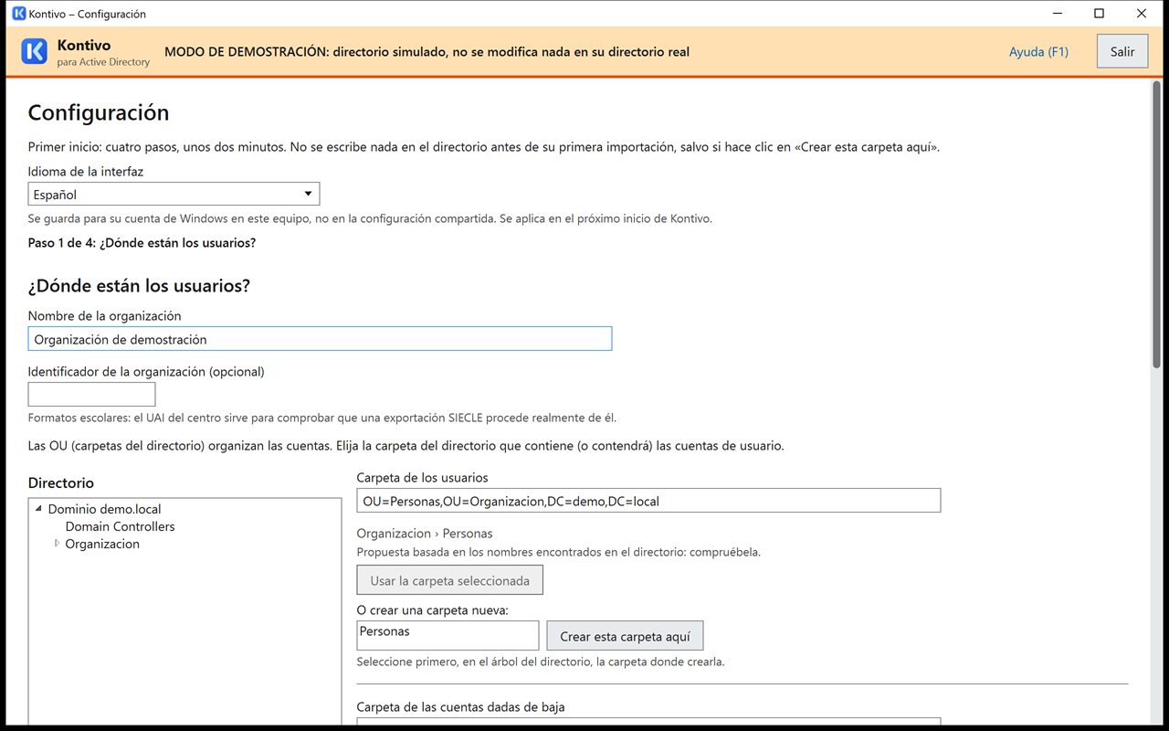 Paso 1 de la configuración: nombre de la organización, identificador opcional, árbol del directorio a la izquierda y, a la derecha, elección de la carpeta de los usuarios con los botones Usar la carpeta seleccionada y Crear esta carpeta aquí.
