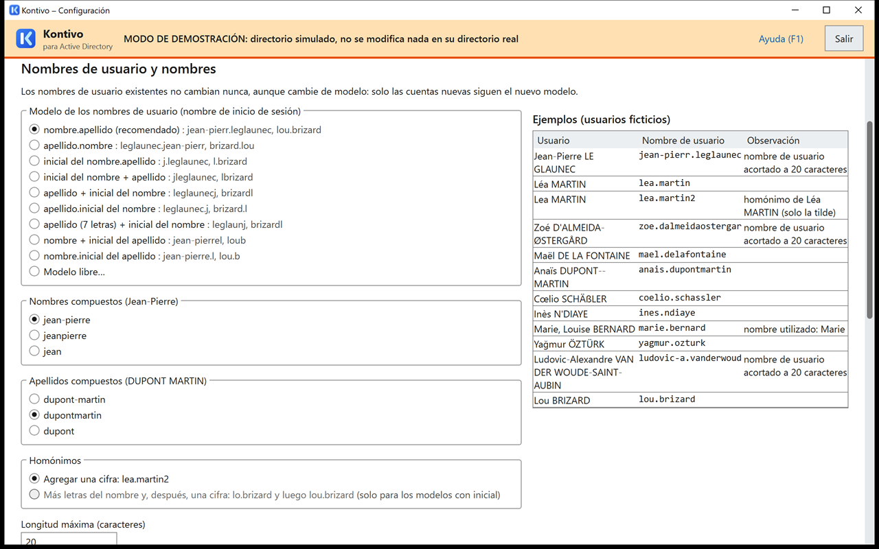 Configuración de Kontivo: modelo de nombre de usuario de las cuentas.
