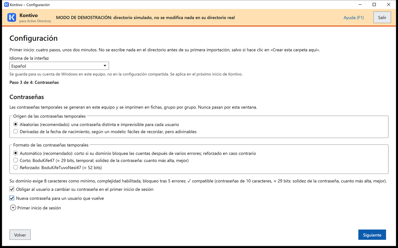 Paso 3 de la configuración: formato de las contraseñas temporales (automático, corto, reforzado), directiva del dominio leída y dos casillas marcadas.