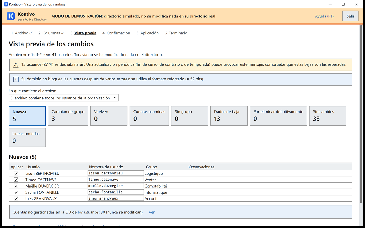 Vista previa de la actualización con rh-fictif-2.csv: alerta sobre las bajas en la parte superior; tarjetas Nuevos 5, Cambian de grupo 3, Dados de baja 12; lista de las líneas.