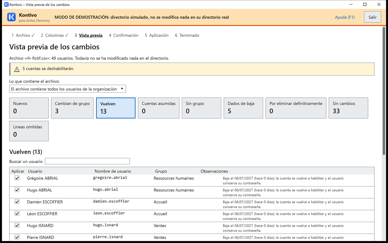 Vista previa, no aplicada, del primer archivo rh-fictif.csv importado de nuevo el mismo día tras la actualización con rh-fictif-2.csv: tarjeta Vuelven 13, las 13 personas dadas de baja vuelven, reconocidas por su matrícula, cada una en su servicio, observación Baja el 06/07/2027: la cuenta se vuelve a habilitar y el usuario conserva su contraseña.