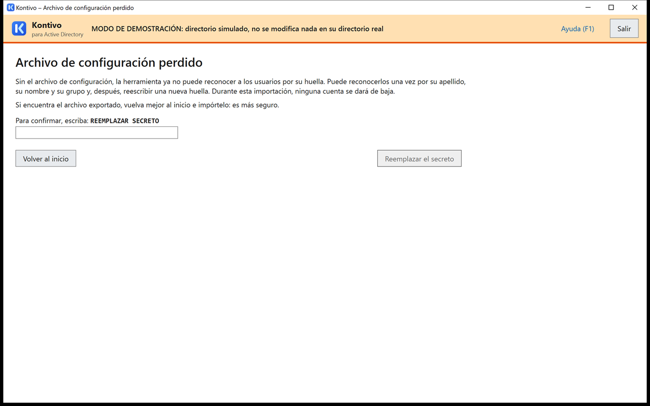 Pantalla Archivo de configuración perdido: explicación, campo Para confirmar, escriba REEMPLAZAR SECRETO, botón Reemplazar el secreto.