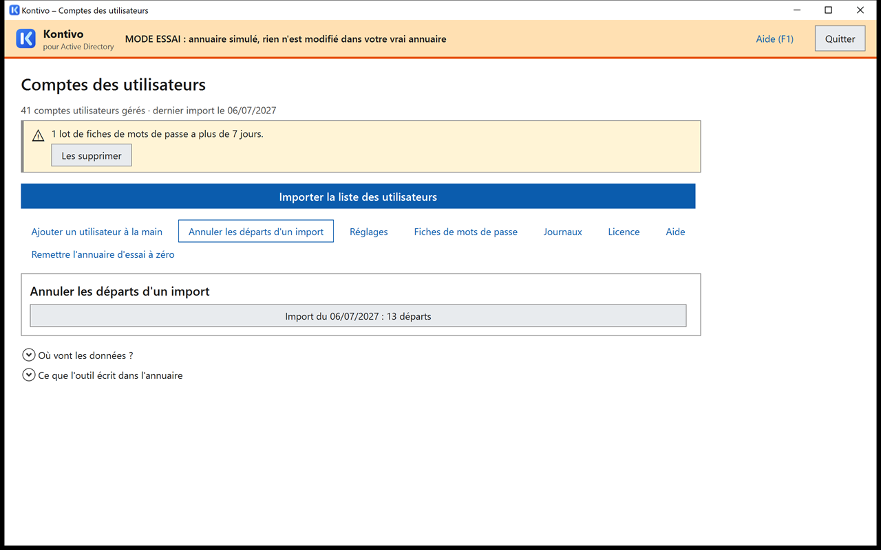 Accueil avec le panneau Annuler les départs d'un import : Import du 06/07/2027 : 13 départs (la mise à jour avec rh-fictif-2.csv), bouton Annuler ces départs.