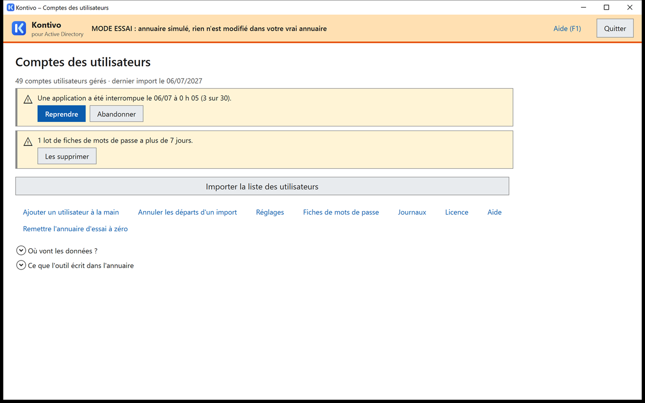 Accueil avec le bandeau Une application a été interrompue, suivi de sa date et de son avancement (la mise à jour avec rh-fictif-2.csv, fermée en cours de route), boutons Reprendre et Abandonner.
