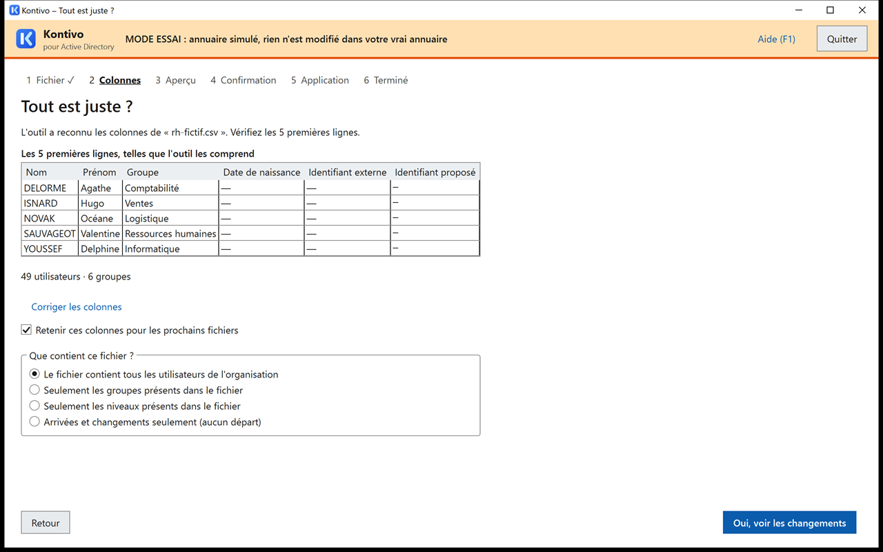 Étape Colonnes pour le fichier rh-fictif.csv : colonnes Matricule, Nom, Prénom et Service reconnues, cinq premières lignes telles que l'outil les comprend, choix de ce que contient le fichier, bouton pour voir les changements.