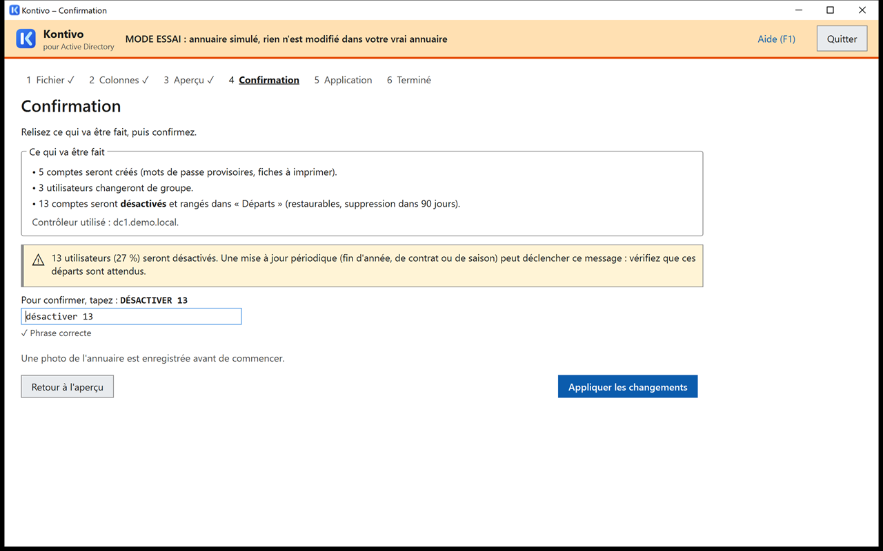 Écran de confirmation de Kontivo : phrase à taper avant d’appliquer les changements.