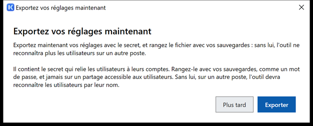 Boîte Exportez vos réglages maintenant, avec les boutons Plus tard et Exporter.
