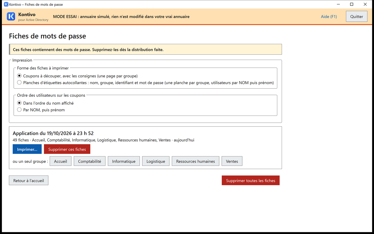 Écran Fiches de mots de passe : cadre Impression (coupons ou planches d'étiquettes), lot de l'application du 19/10/2026 avec le bouton Imprimer, un groupe à la fois, Supprimer ces fiches.