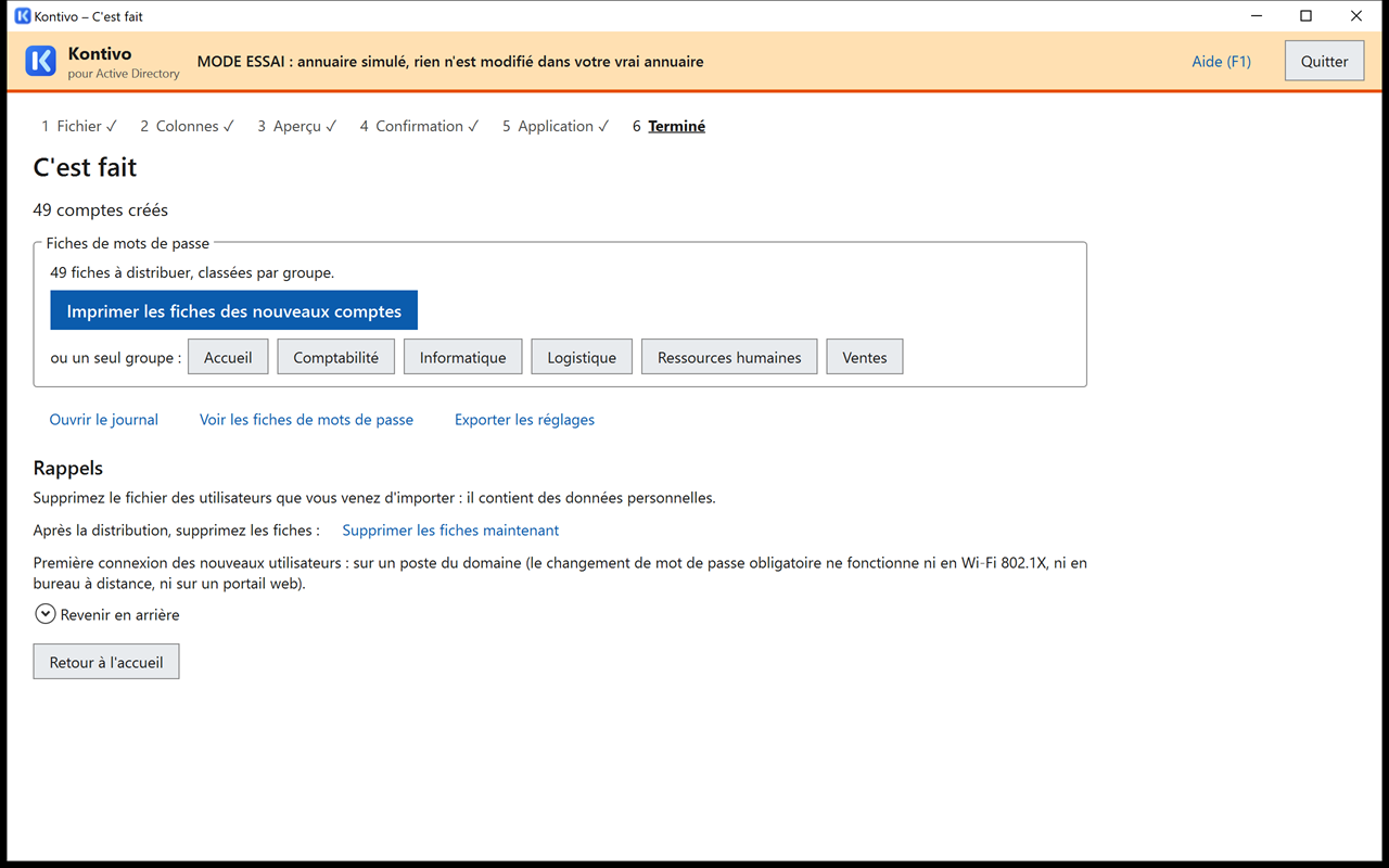 Écran C'est fait après l'import de rh-fictif.csv : résumé des comptes créés, bloc Fiches de mots de passe avec le bouton Imprimer les fiches des nouveaux comptes et un bouton par service, liens et rappels.