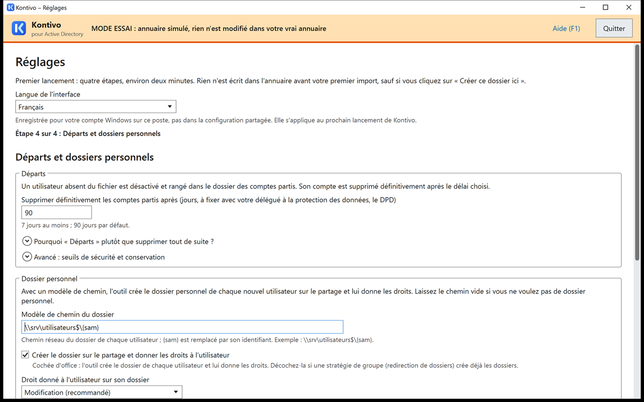 Étape 4 des réglages, partie Dossier personnel : modèle de chemin \\srv\utilisateurs$\{sam}, case Créer le dossier sur le partage cochée, droit Modification, archivage à la suppression, lettre H:.