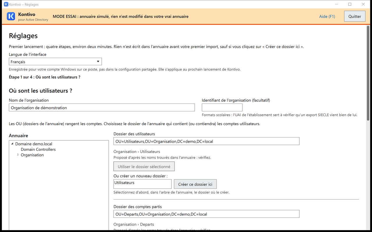 Étape 1 des réglages : nom de l'organisation, identifiant facultatif, arbre de l'annuaire à gauche, choix du dossier des utilisateurs à droite avec les boutons Utiliser le dossier sélectionné et Créer ce dossier ici.