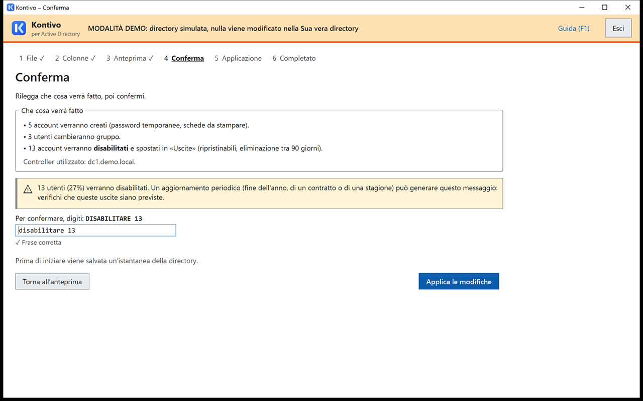 Schermata di conferma di Kontivo: frase da digitare prima di applicare le modifiche.