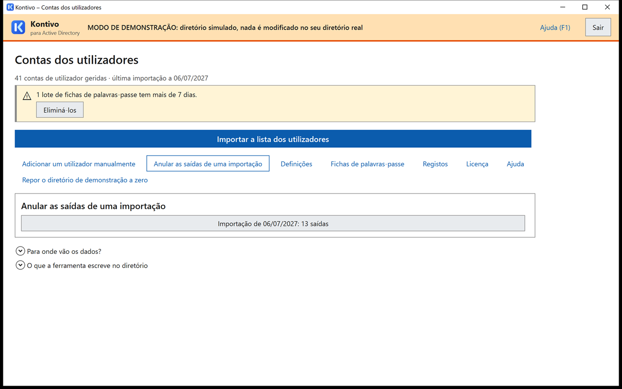 Início com o painel Anular as saídas de uma importação: Importação de 06/07/2027: 13 saídas (a atualização com rh-fictif-2.csv), botão Anular estas saídas.