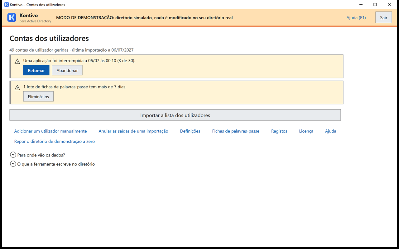Início com a faixa Uma aplicação foi interrompida, seguida da data e do progresso (a atualização com rh-fictif-2.csv, fechada a meio), botões Retomar e Abandonar.