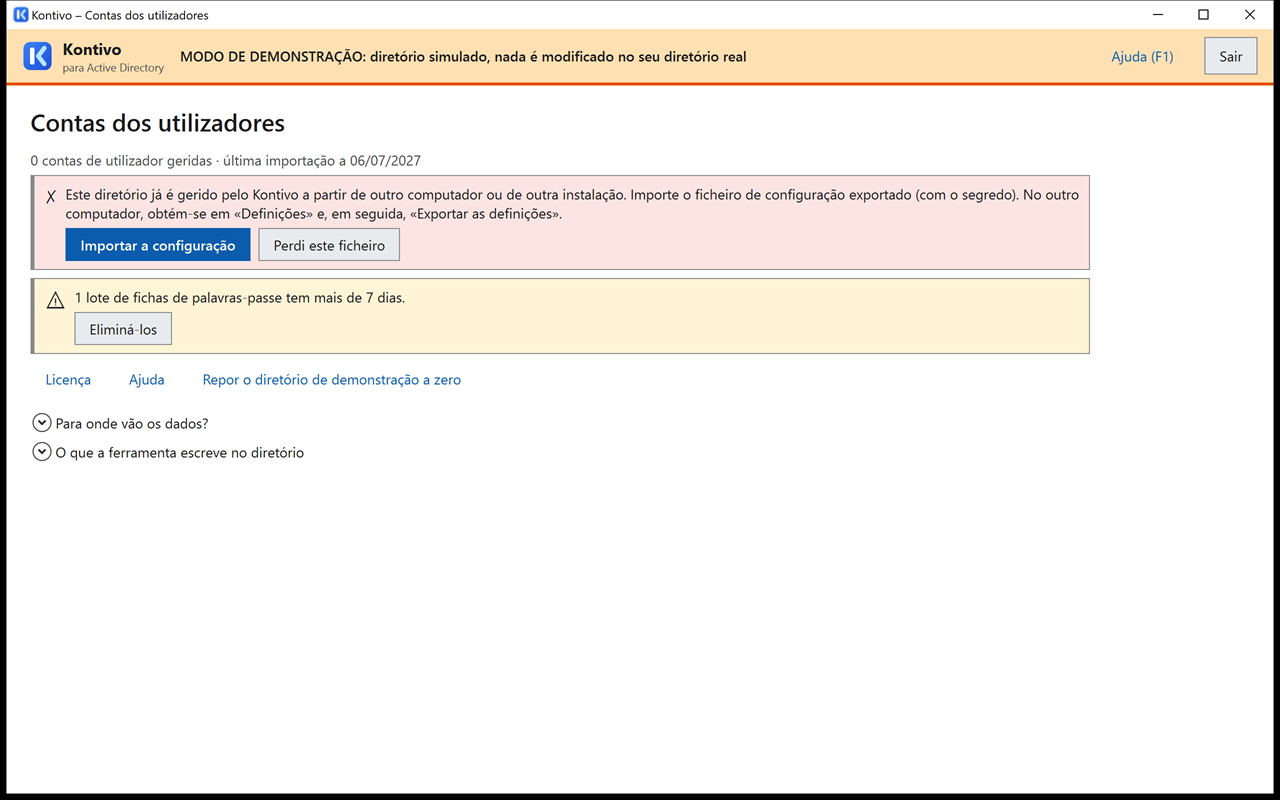 Início num computador novo: faixa vermelha Este diretório já é gerido pelo Kontivo, botões Importar a configuração e Perdi este ficheiro.