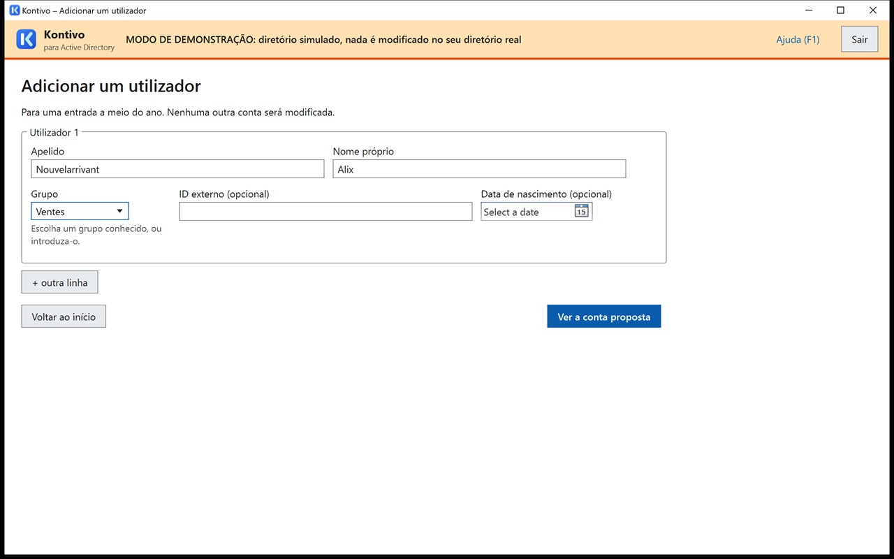 Ecrã Adicionar um utilizador: linha preenchida com o apelido Nouvelarrivant, o nome próprio Alix e o grupo Ventes, campos ID externo e Data de nascimento opcionais, botões + outra linha e Ver a conta proposta.