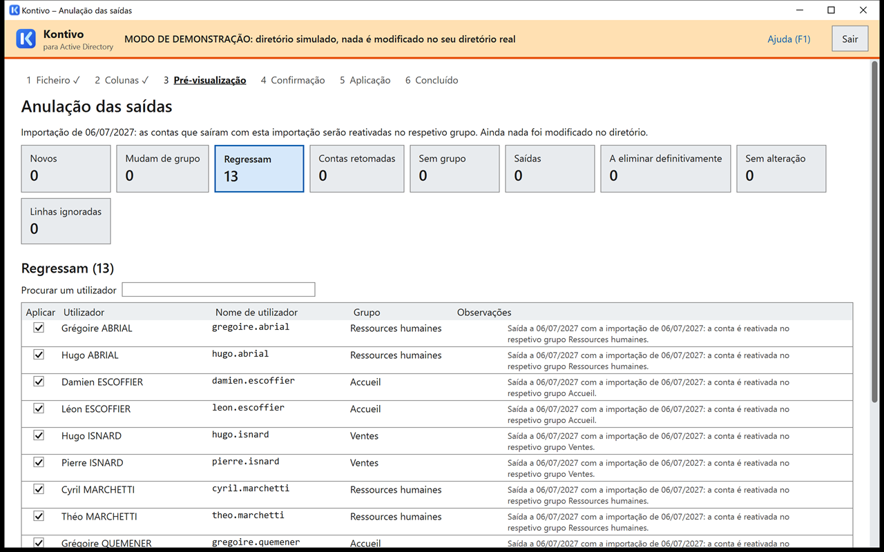 Pré-visualização Anulação das saídas da atualização com rh-fictif-2.csv: cartão Regressam, lista das pessoas que saíram com a observação de que a conta é reativada no respetivo grupo.