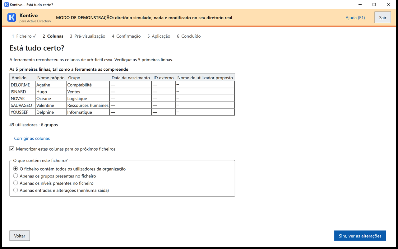 Passo Colunas para o ficheiro rh-fictif.csv: colunas Matricule, Nom, Prénom e Service reconhecidas, cinco primeiras linhas tal como a ferramenta as compreende, escolha do que o ficheiro contém, botão para ver as alterações.