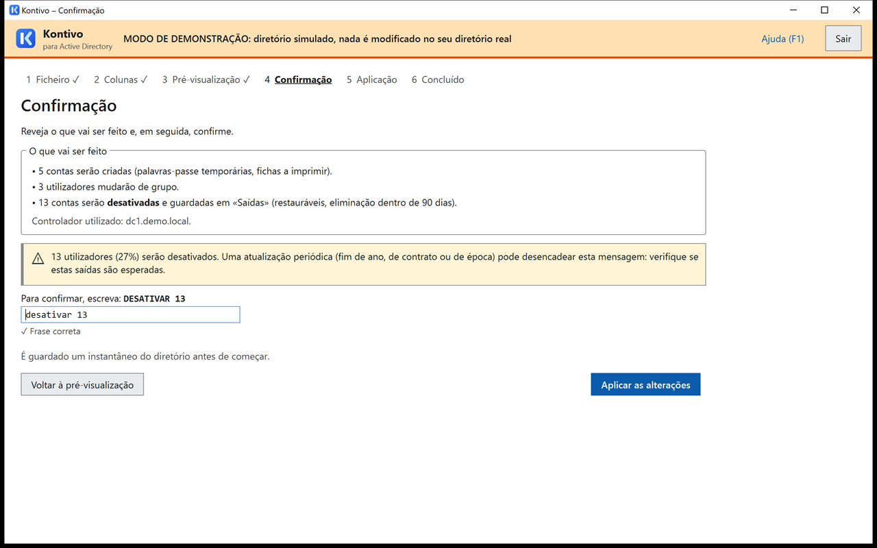 Ecrã de confirmação do Kontivo: frase a escrever antes de aplicar as alterações.