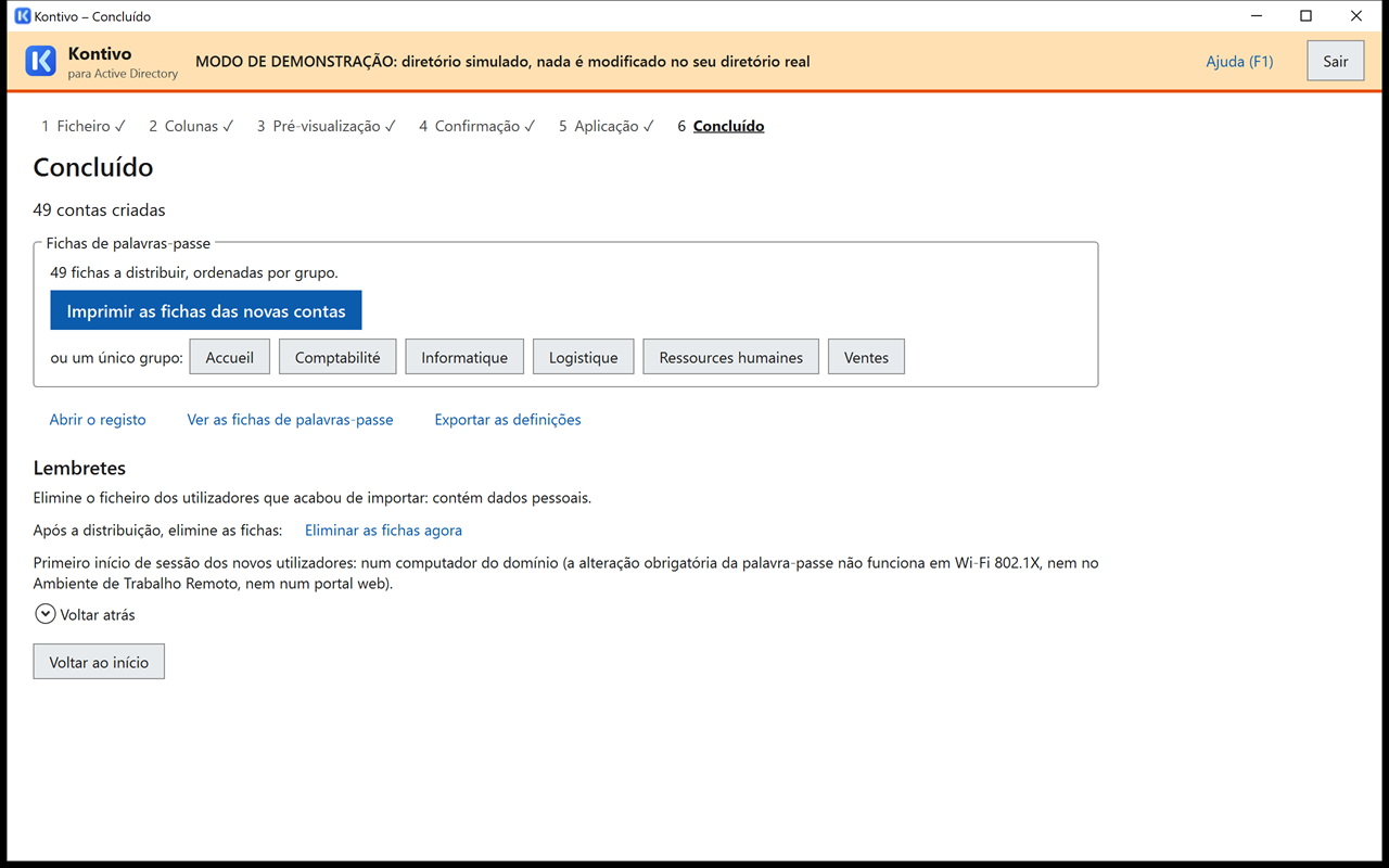 Ecrã Concluído após a importação de rh-fictif.csv: resumo das contas criadas, bloco Fichas de palavras-passe com o botão Imprimir as fichas das novas contas e um botão por serviço, ligações e lembretes.